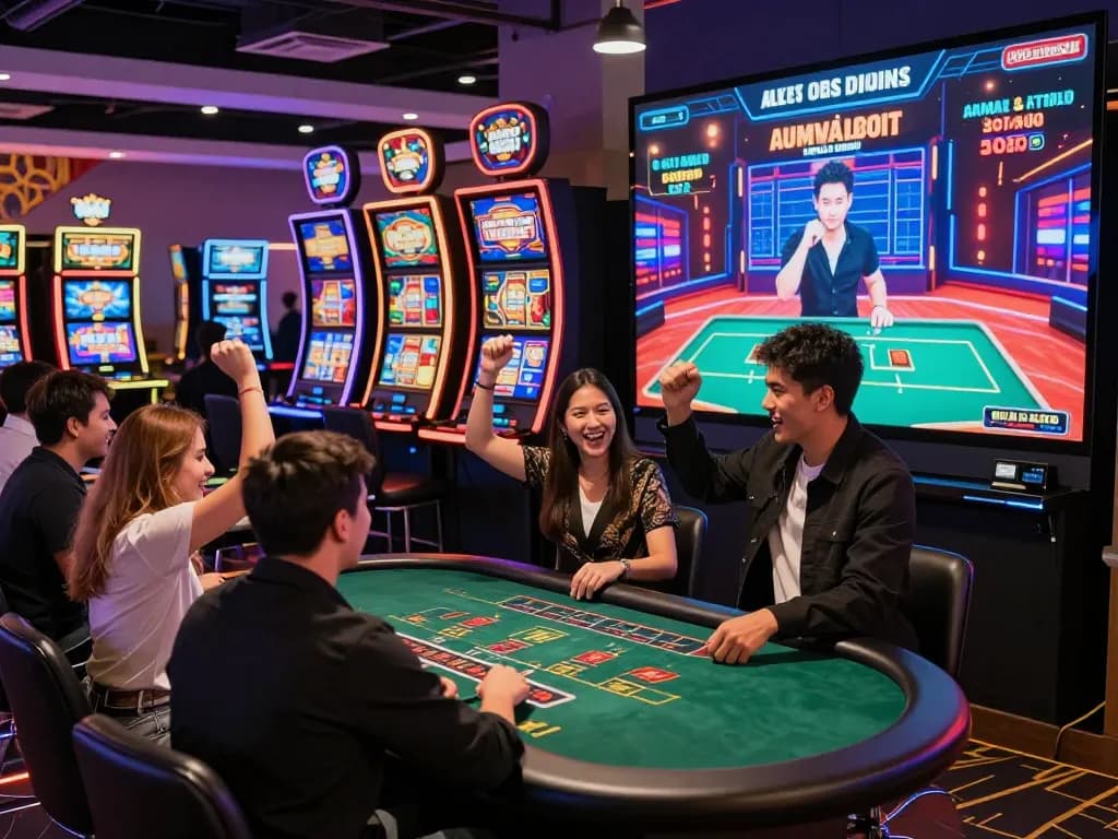 Alev Casino gaming scene with excited players at tables and vibrant slot machines.