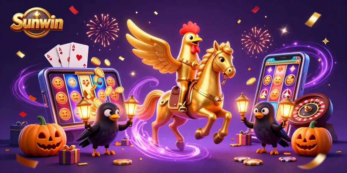 Win big at Sunwin casino with golden rooster and festive slot games in a vibrant scene.
