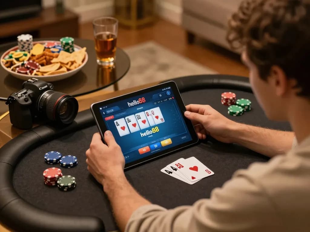 Hello88 online poker player engaged in strategic game at home with cozy surroundings.
