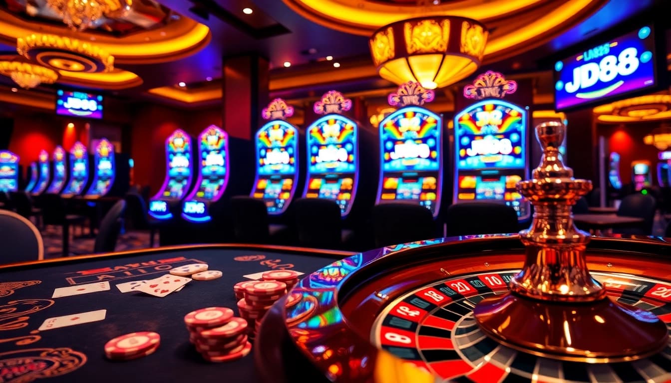 Trải nghiệm Phạm vi từ khóa mạnh của JD88 với hoạt động casino sôi động, bao gồm bánh xe roulette và bộ bài poker.