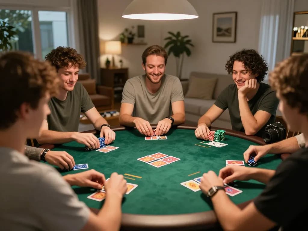 Friends enjoying game bài during a lively poker night at home with warm lighting and snacks