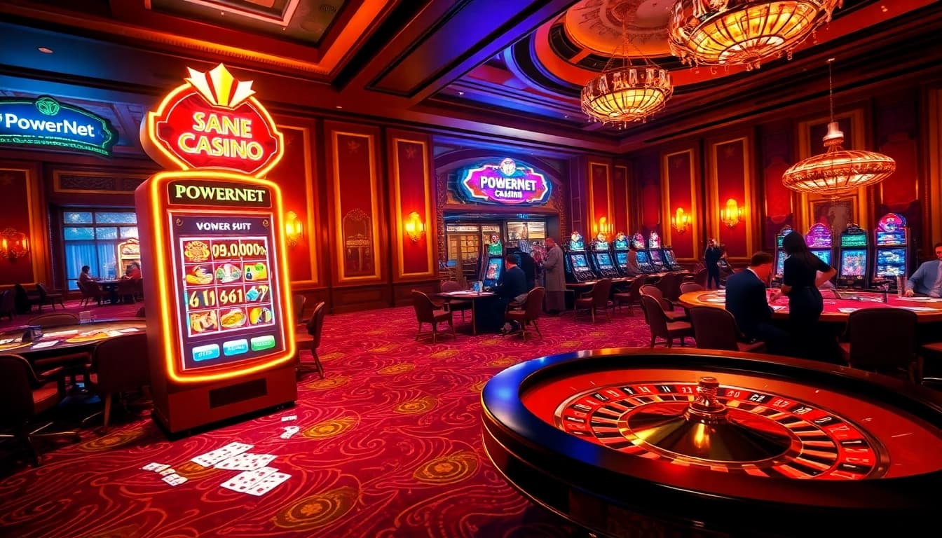 Players enjoying the excitement of POWERNET on a luxury casino floor, surrounded by slot machines and betting tables.