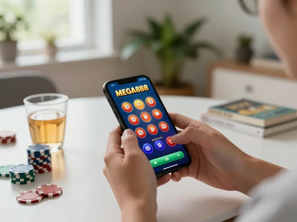 Engaging scene of a player enjoying MEGA888 on smartphone while relaxing at home, showcasing engaging gameplay.