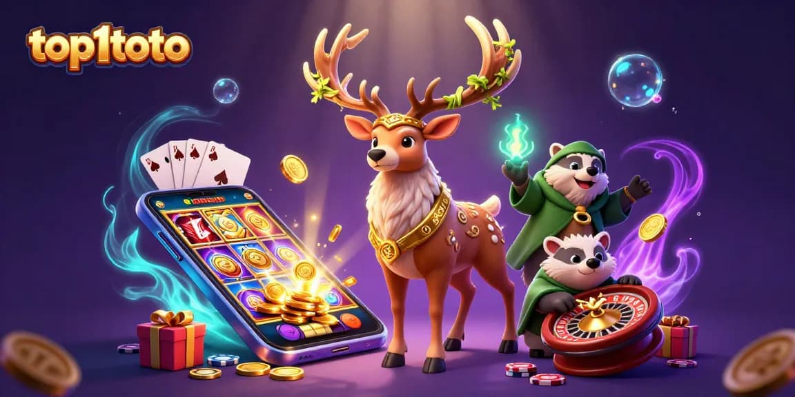 Join the excitement at top1toto with a grand casino scene showcasing thrilling slots and magical characters.
