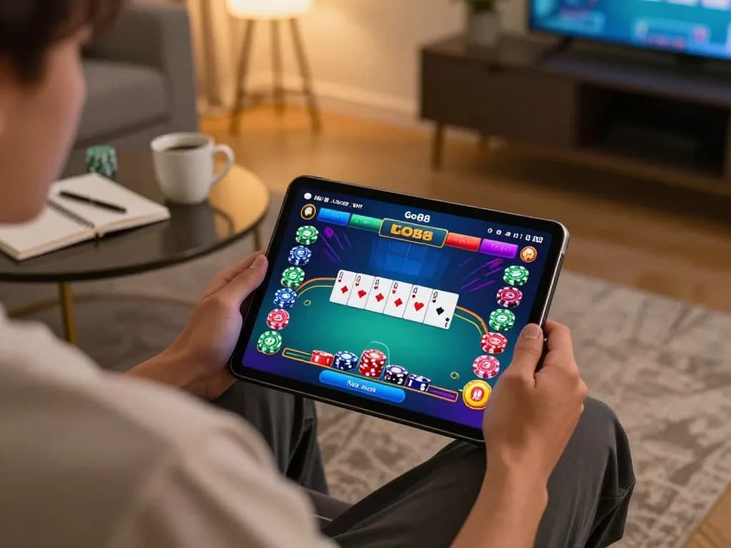 Engaging in poker gameplay online at Go88 with vibrant interface in a cozy home setting