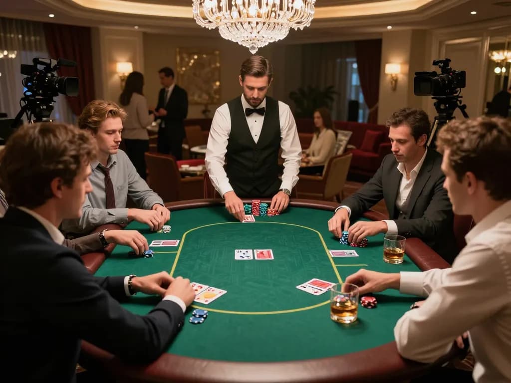 Pemain terlibat dalam permainan poker berisiko tinggi di ruang VIP eksklusif AIR123, menunjukkan strategi dan kemewahan.