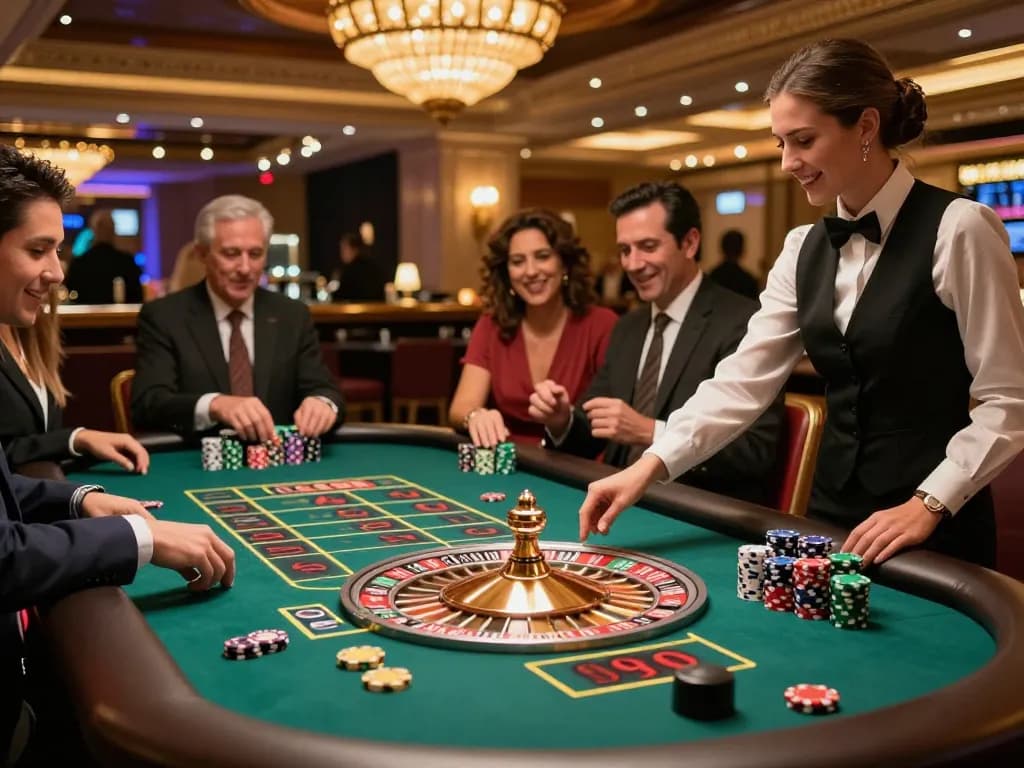 Players placing bets at the roulette table 5679 in a vibrant casino atmosphere.
