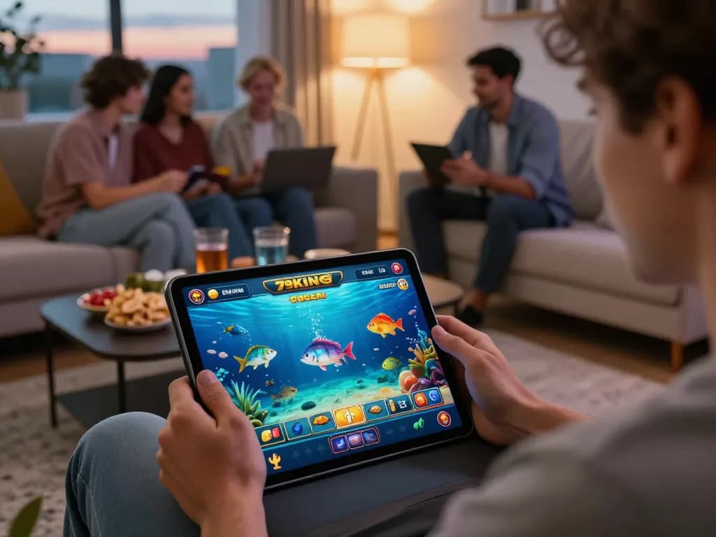 79King online gaming scene with players enjoying ocean fishing game in a cozy living room.