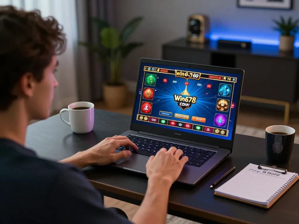 Person gaming on win678 com with laptop, showcasing online casino excitement and strategy.