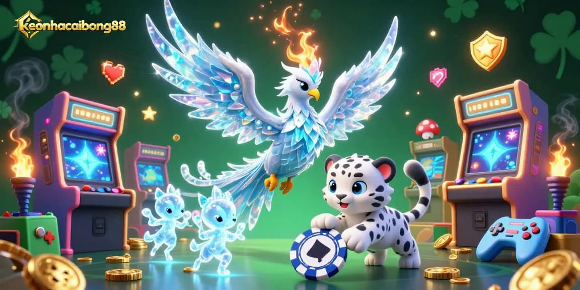 Experience thrilling action in keonhacaibong88 with a lively 3D casino scene featuring an ice phoenix.