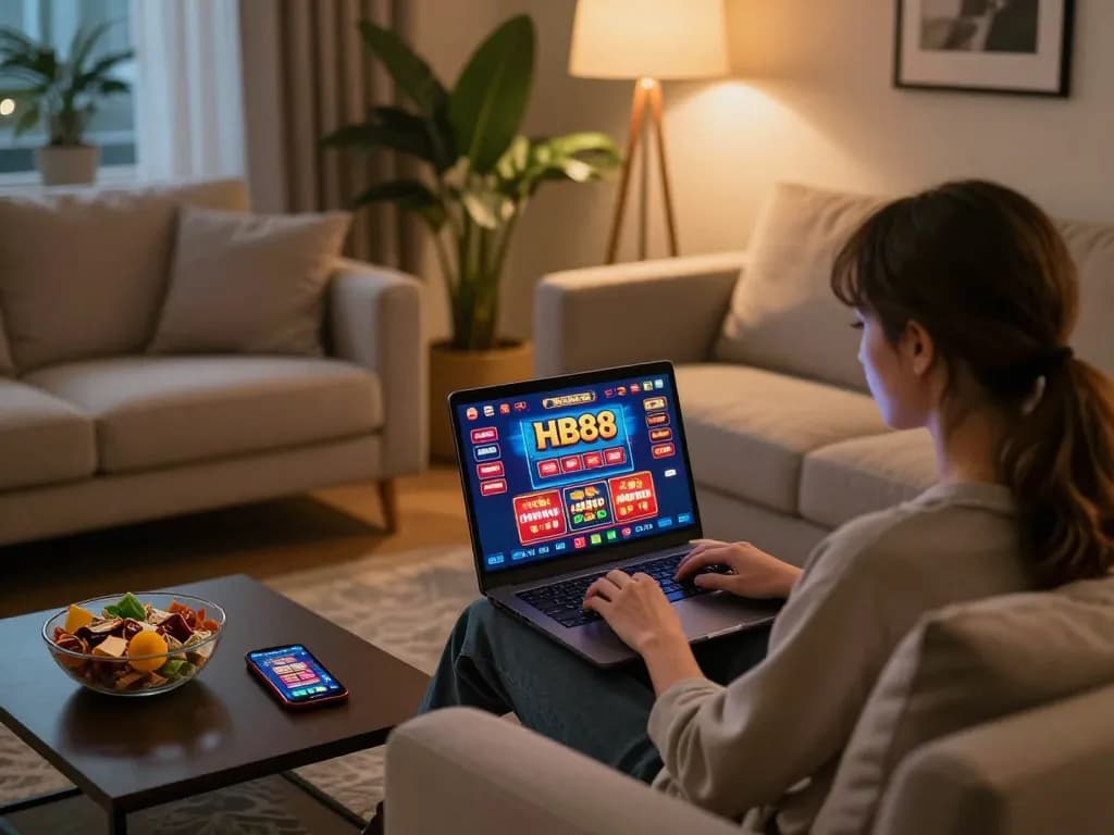 Person enjoying HB88 online gaming experience on laptop, cozy home atmosphere with snacks and smartphone nearby.