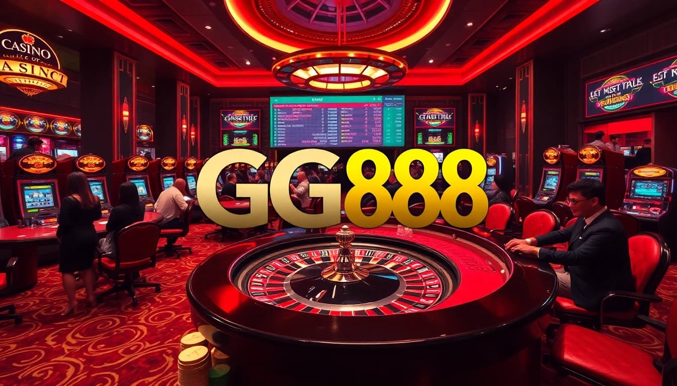 Experience the thrill of GG88 with players engaged at a dynamic roulette table in a luxurious casino setting.
