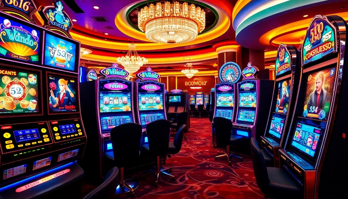 Engaging scene of slot888 gaming area filled with exciting slot machines and vibrant casino ambiance.