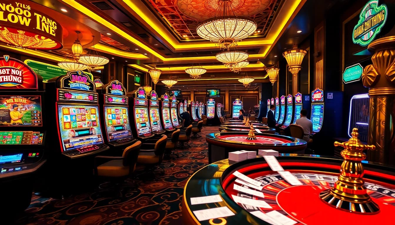 Nổ Hũ Đổi Thưởng slot machines illuminate the vibrant casino floor, inviting serious players to win big.