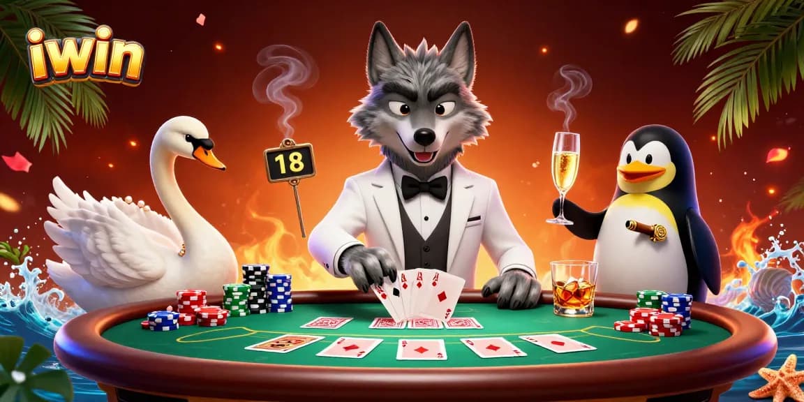 iwin engages players with a vibrant 3D casino scene featuring a wolf, swan, and penguin toasting.