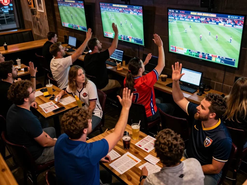 VUA88 sports betting excitement during live games with fans cheering and placing bets.