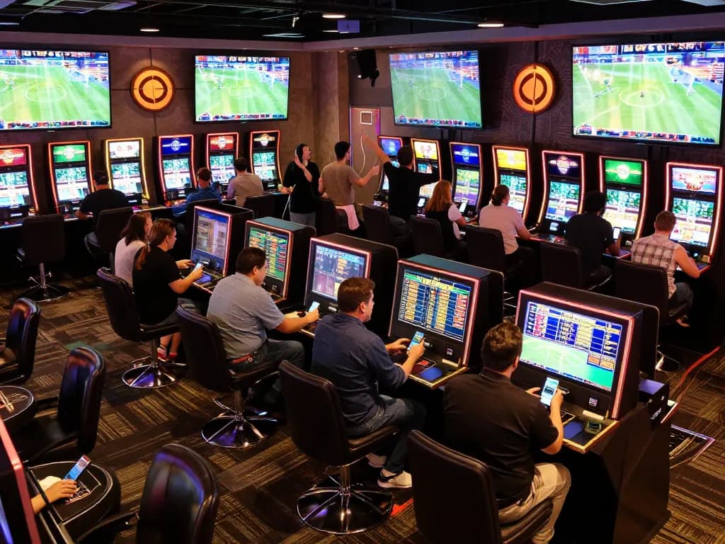 Tg88 bettors placing bets in a vibrant casino sports betting lounge
