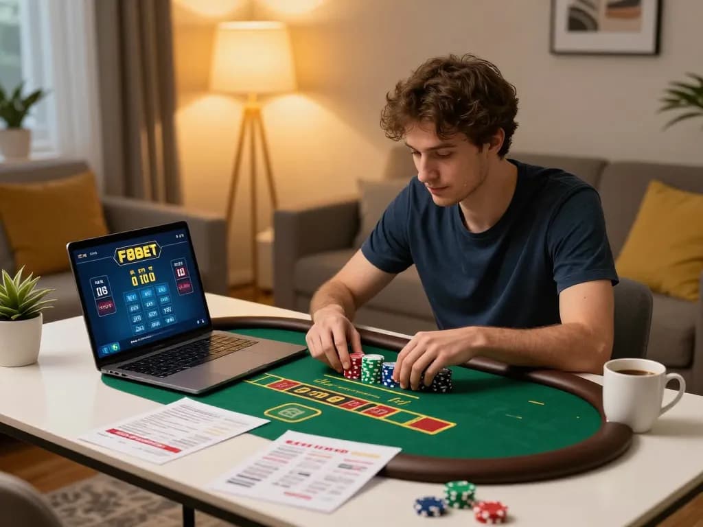 Play poker on F8bet in a cozy home setting, showcasing an engaging online gambling experience.