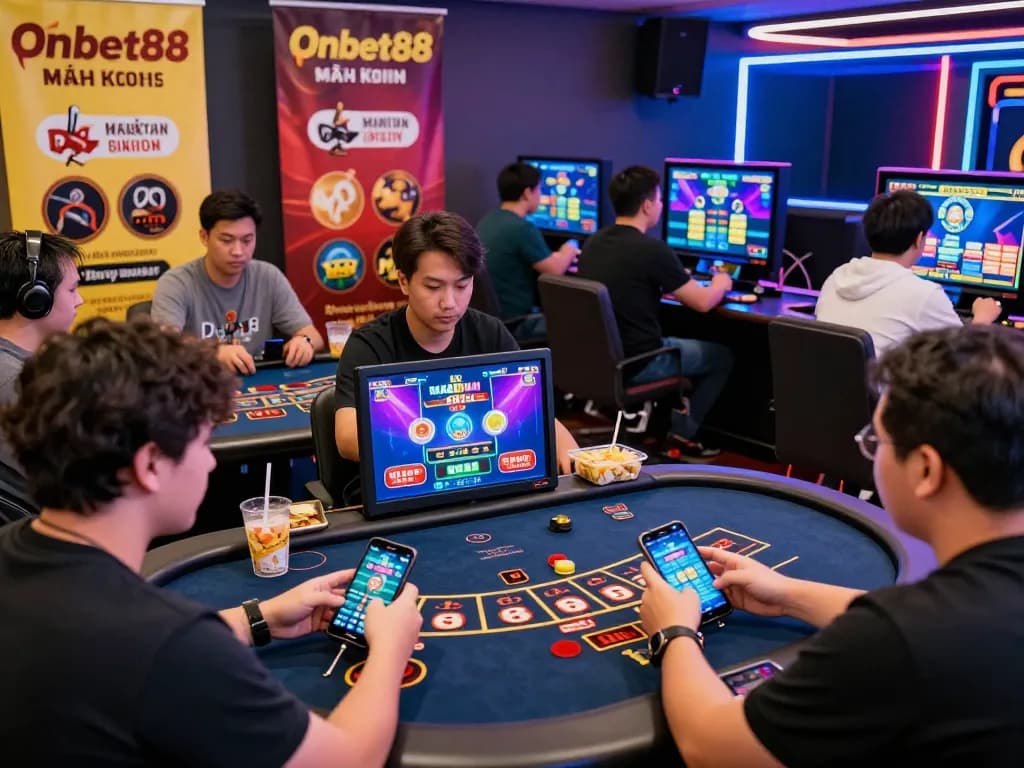 Players enjoying thrilling games on Onbet88 platform in modern lounge.
