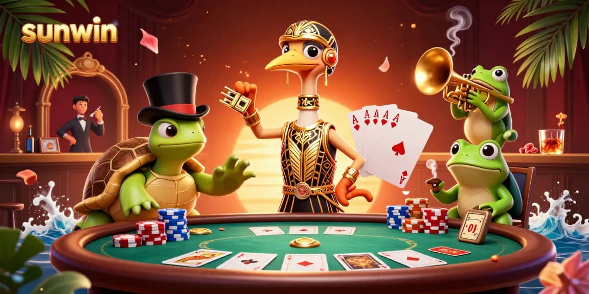Experience the thrill of sunwin with a vibrant casino scene featuring playful characters and poker elements.