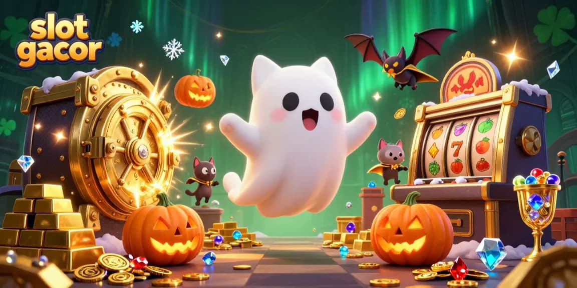 Engage with slot gacor gameplay featuring a ghost cat, treasure, and glowing pumpkins in a vibrant casino.