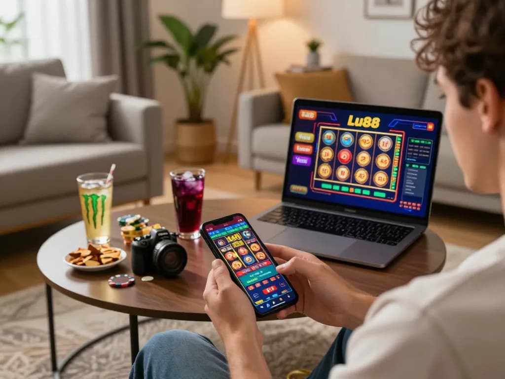Engaging with the Lu88 app for online casino gaming at home, displaying excitement and convenience.