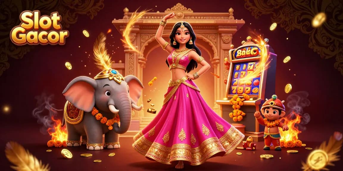 Experience the excitement of Slot Gacor with a vibrant scene featuring Asian woman and playful elephant.