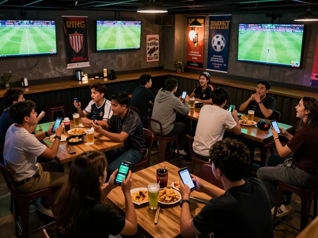 Fans engaging with cakhiatv app for live football betting in a sports bar atmosphere