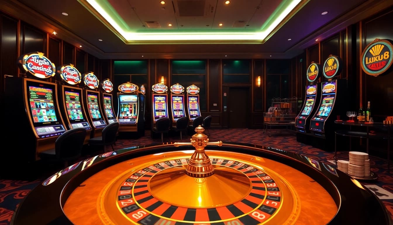 Experience luxury gaming with LUCK8 at a stunning casino table bustling with excitement.