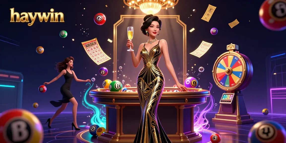 Witness the glamorous haywin casino experience with floating lottery balls and vibrant prize elements.