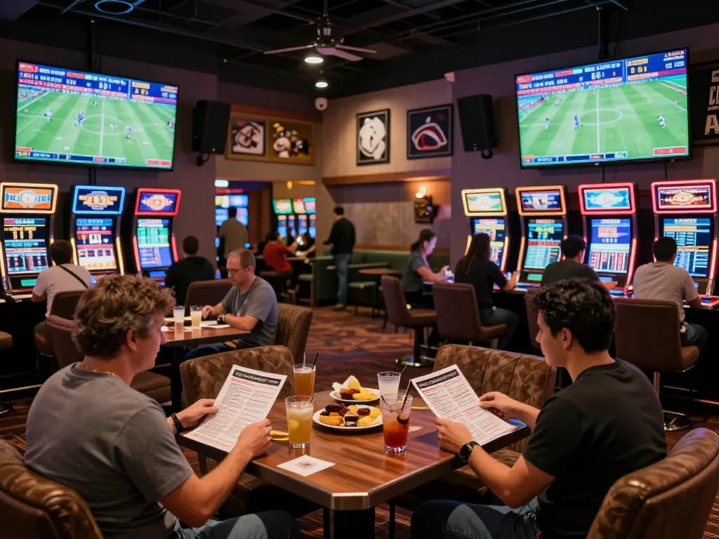 Engaged bettors studying kèo nhà cái odds in a lively sports betting lounge with modern decor.