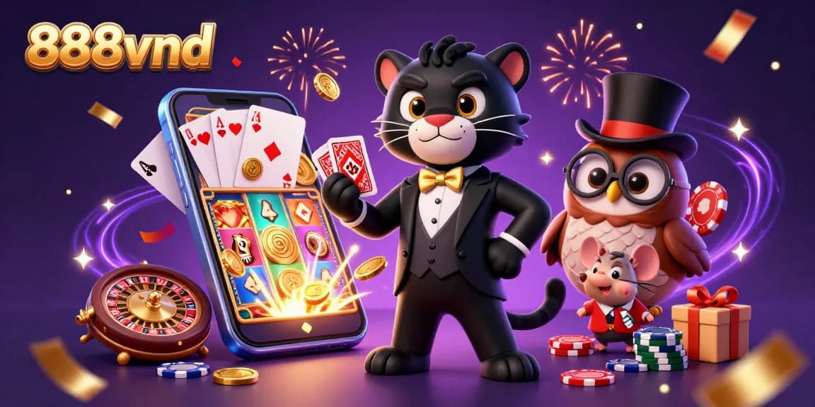 Experience the excitement of gambling with 888vnd as characters play cards and showcase slots.