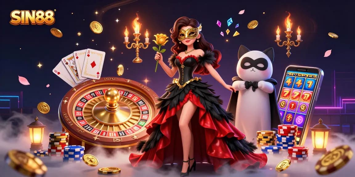 SIN88 captures the excitement of online gambling with vibrant 3D characters and casino elements.
