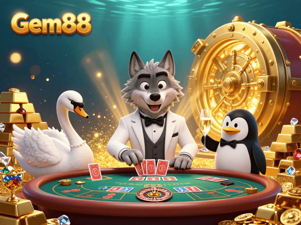 Experience the live casino thrill with Gem88's enchanting scene featuring a wolf, swan, and penguin amidst gold.