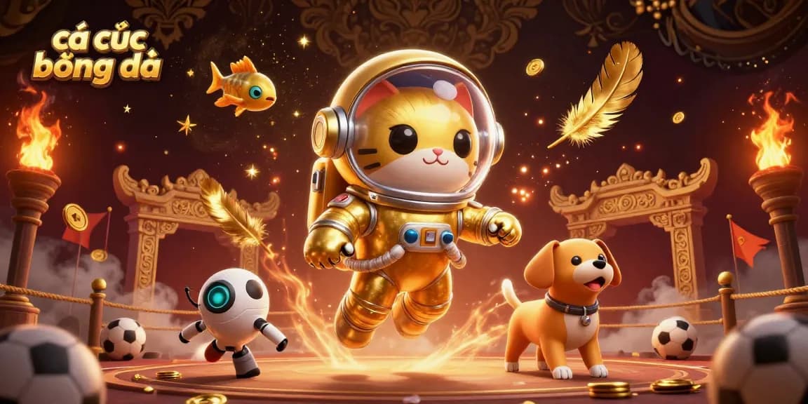 Engaging cá cược bóng đá scene featuring a cat astronaut and a robot dog amidst vibrant betting elements.