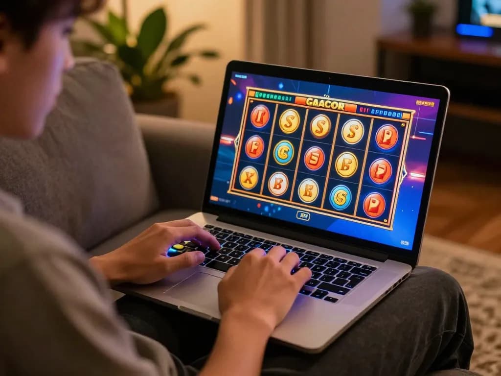 Enjoying an engaging slot gacor experience on a modern laptop during a cozy home gaming session.
