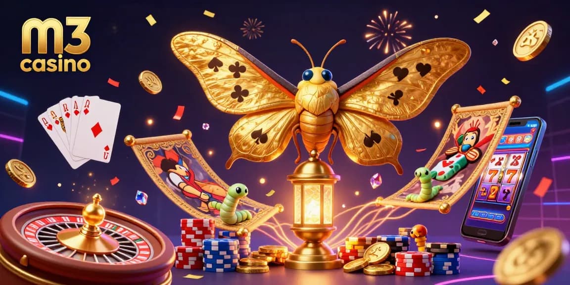 Engage with the vibrant m3 casino experience featuring slot machine reels, golden coins, and a spectacular 3D moth.
