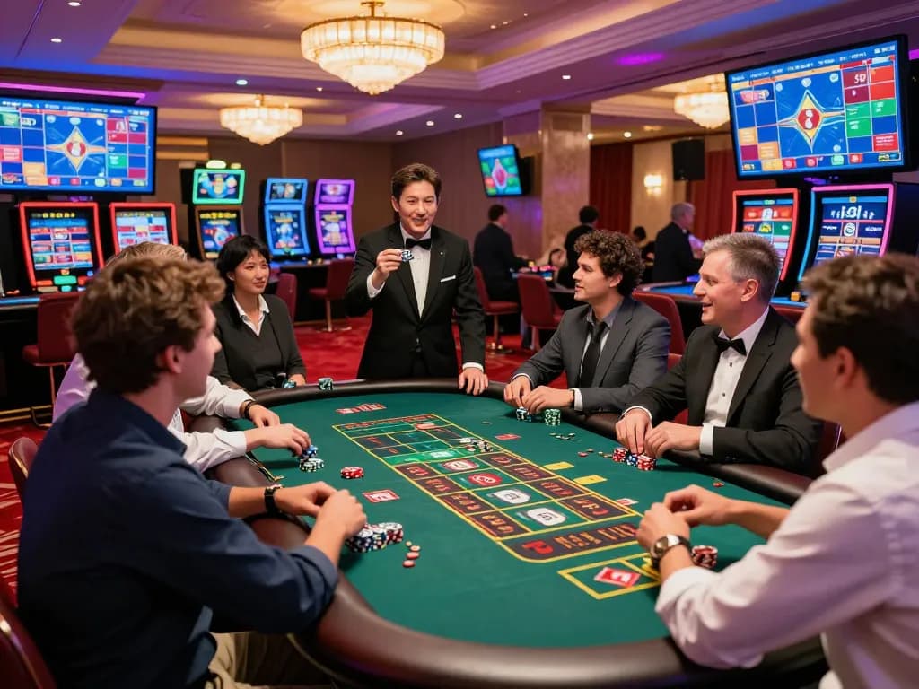 Exciting live casino atmosphere at bong99 with players cheering and engaging around a roulette table.