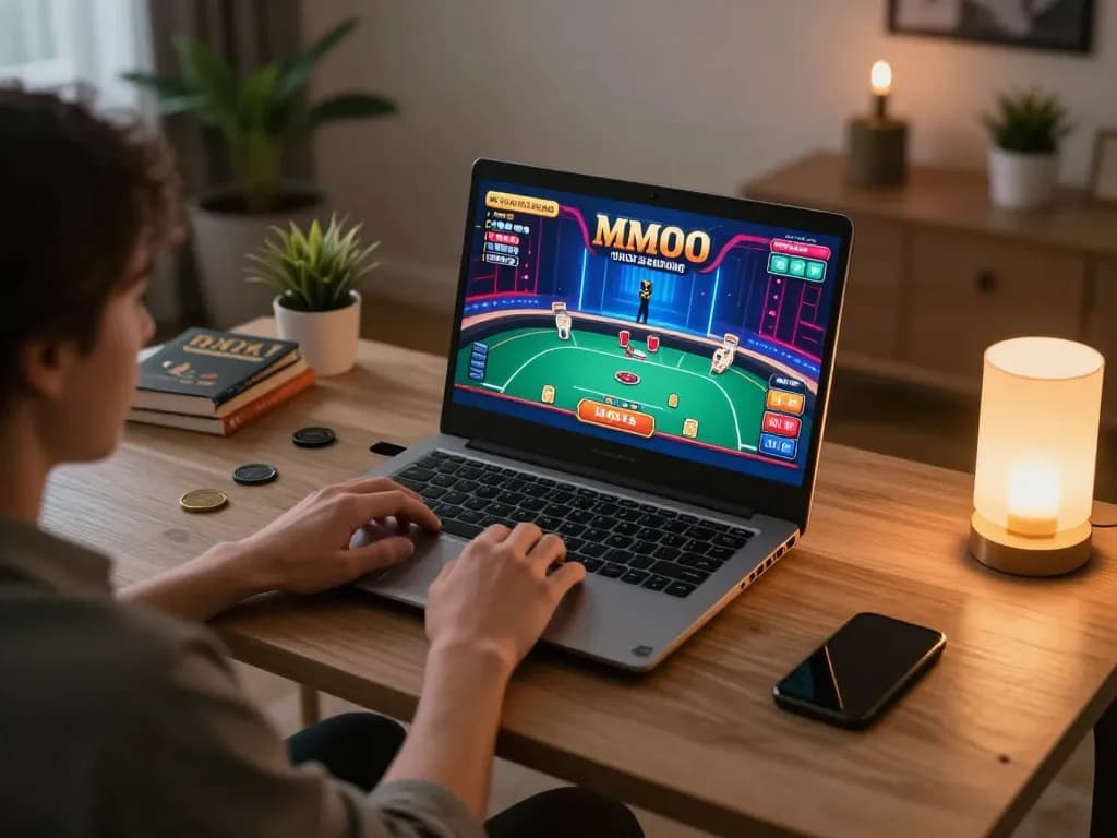 Engaging with MMOO online casino game on a laptop in a cozy home setup