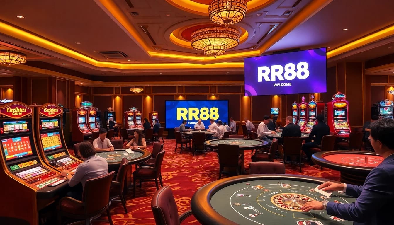 Excited players enjoying games at a luxurious casino with the RR88 logo in view.