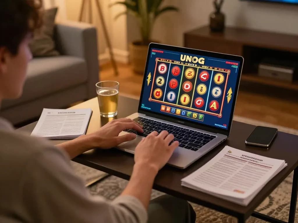 Engaging in unogg slot gameplay on a laptop during a cozy home gaming session.