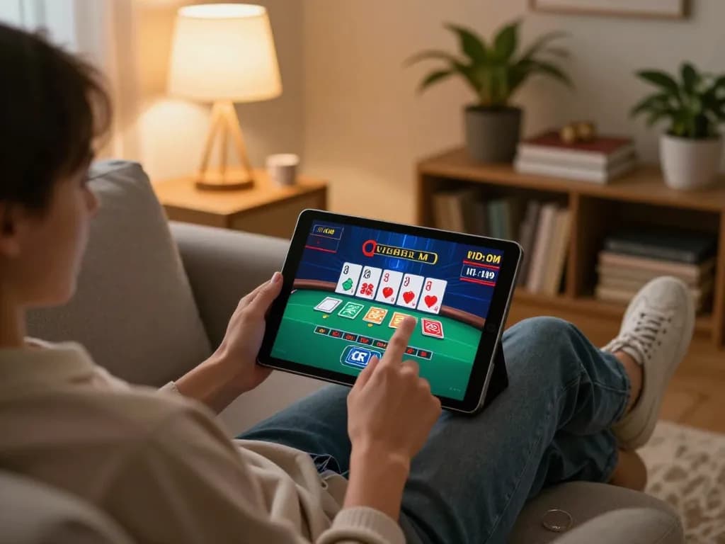 Engaging with TOPBET casino games on a tablet in a cozy home setting for strategic gaming.