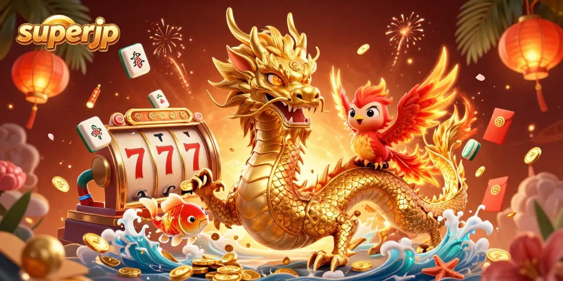 Experience superjp excitement with a fierce dragon and golden koi fish amidst vibrant casino elements.