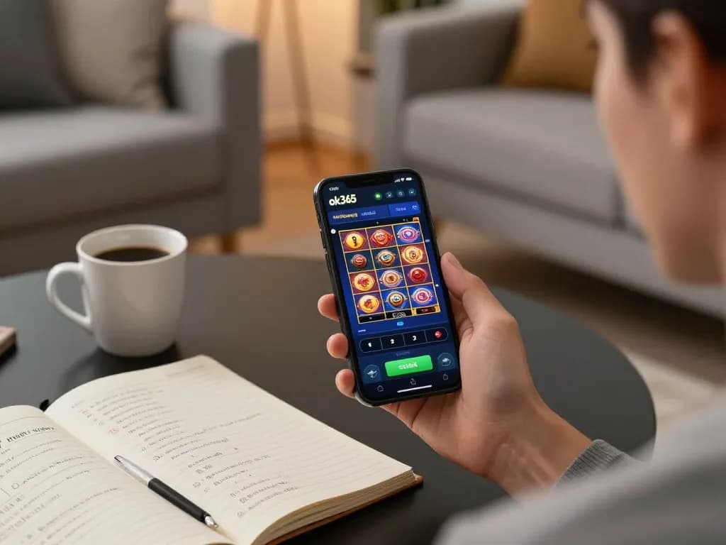 Player engaging with the ok365 casino app on smartphone in a cozy home setting, focusing on responsible entertainment.