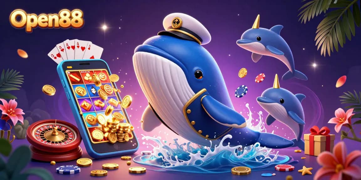 Open88 showcases thrilling casino gameplay with vibrant sea creatures amid golden coins and gambling elements.