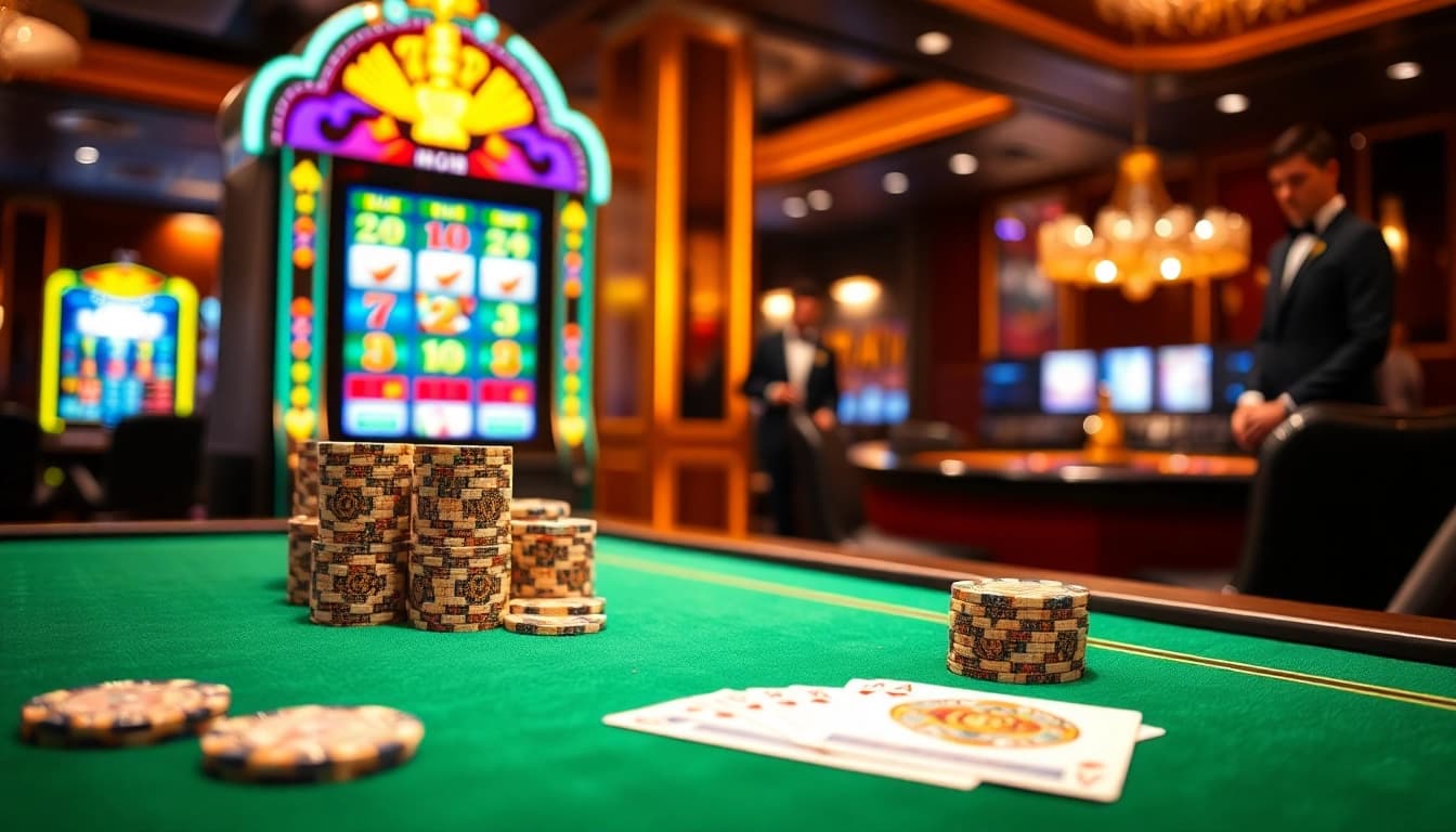Experience the thrill of HM88 at a luxurious casino with vibrant slot machines and poker games.