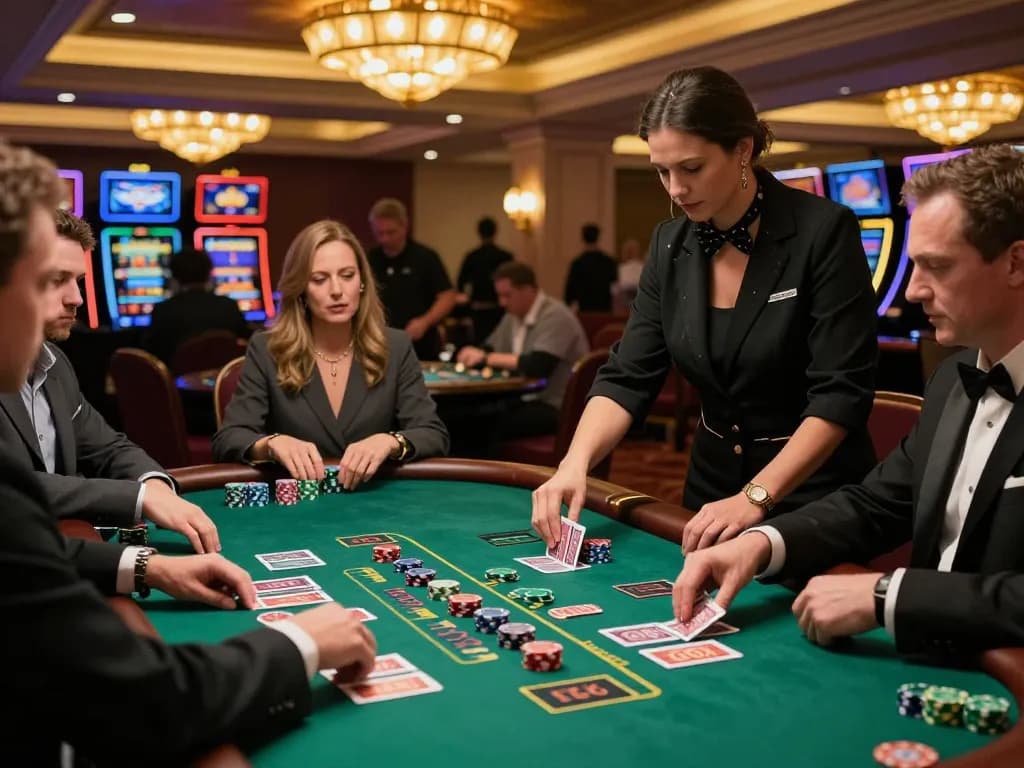 Players engaging in a strategic blackjack game at the F168 casino, showcasing excitement and professional dealer interactions