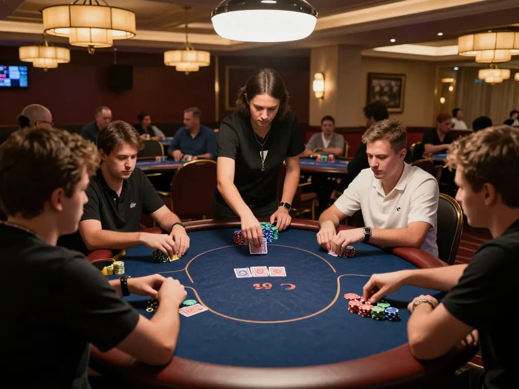 Intense gameplay at uu88 poker table with colorful chips and engaged players in a vibrant casino setting.