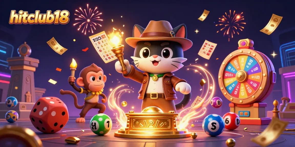 Hitclub18 showcases a dynamic 3D scene with an archaeologist cat and monkey amidst casino artifacts.