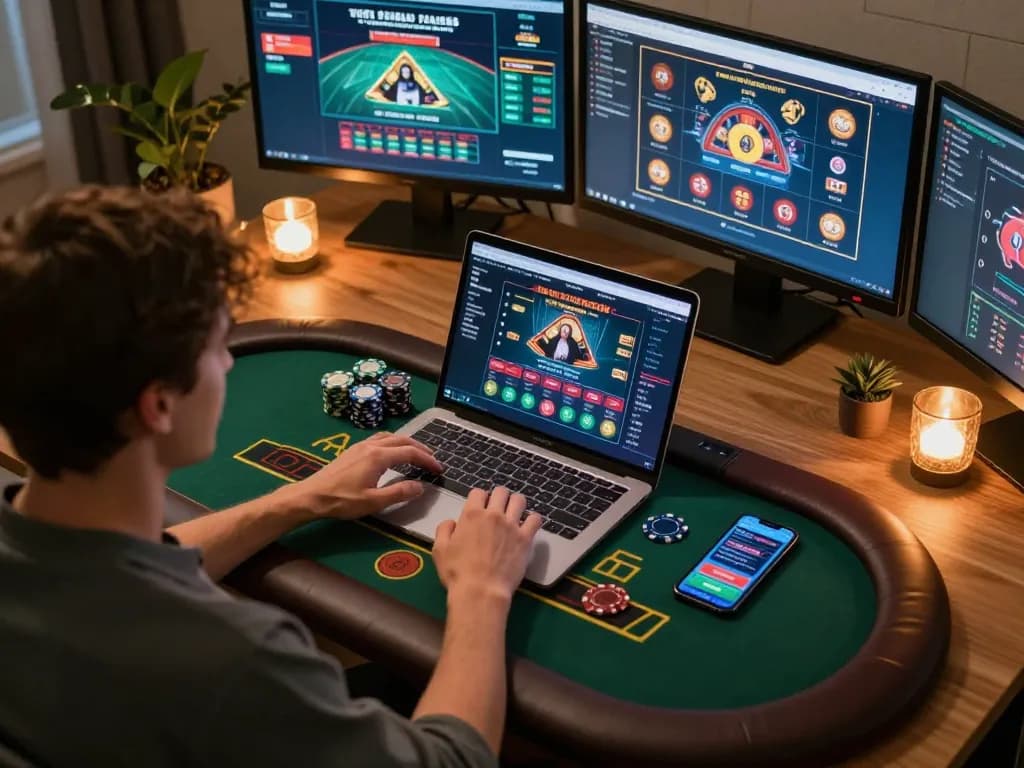 Engaging live blackjack session showcasing No Deposit Bonus excitement at home office.